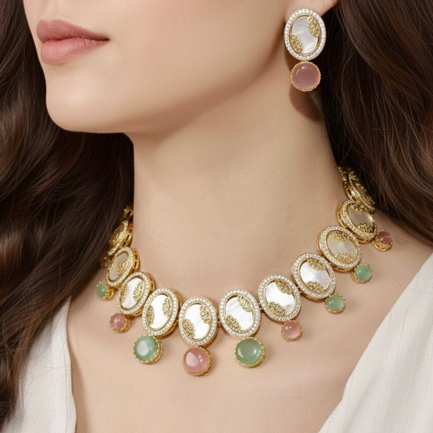 GULMOHAR-MOTHER OF PEARL STONE NECKLACE SET-MAUVE & MINT