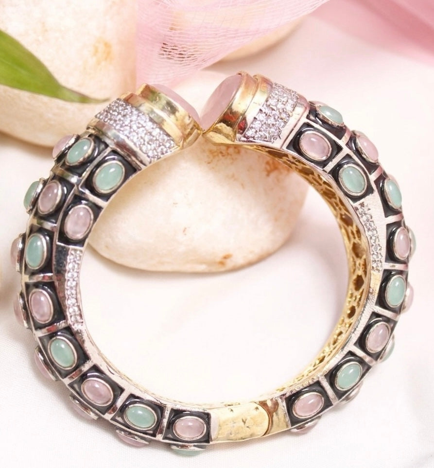 Rajwadi Stone & Meenakari Kada Pink & Mint – Gold Plated