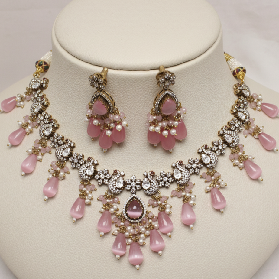 Pink Beaded Antique Necklace Set
