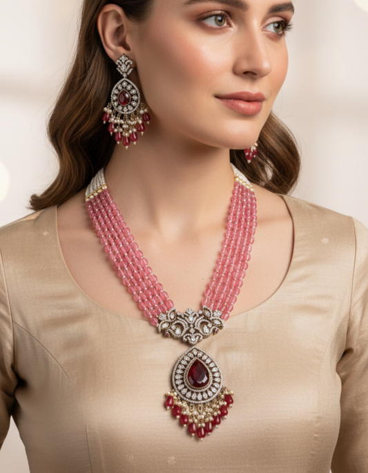 Pink beaded, moissanite & American Diamond Necklace Set