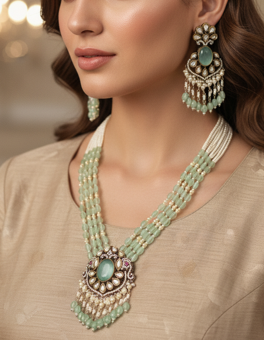 Mint Green Moissanite & American Diamond Necklace Set