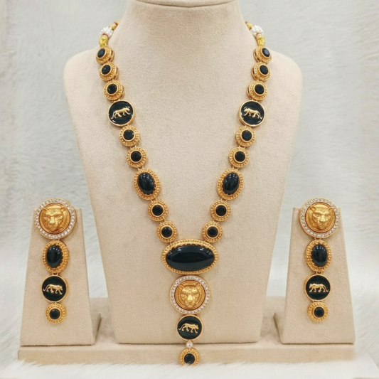 Royal Panther Black Long Necklace Set – Handcrafted Gold-Plated Heritage Jewellery