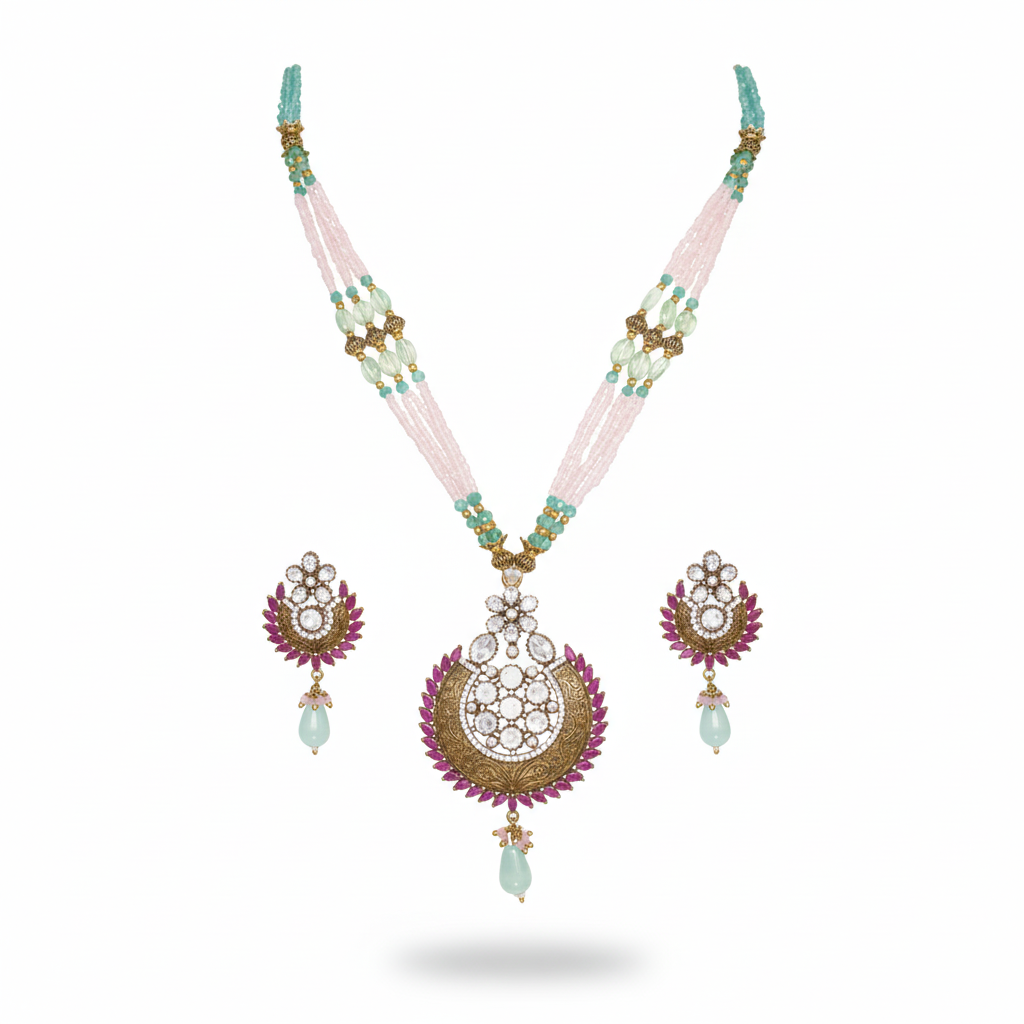 Pink & Aqua Beaded Pendant Necklace