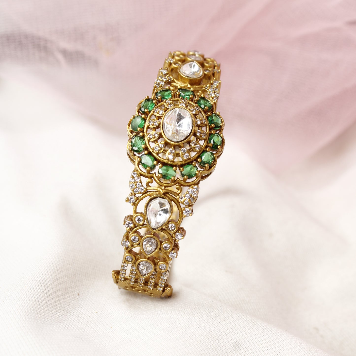 Royal Antique Polki Kada with Emerald Green Stones