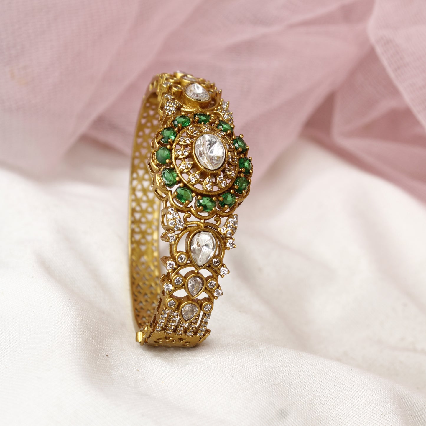 Royal Antique Polki Kada with Emerald Green Stones