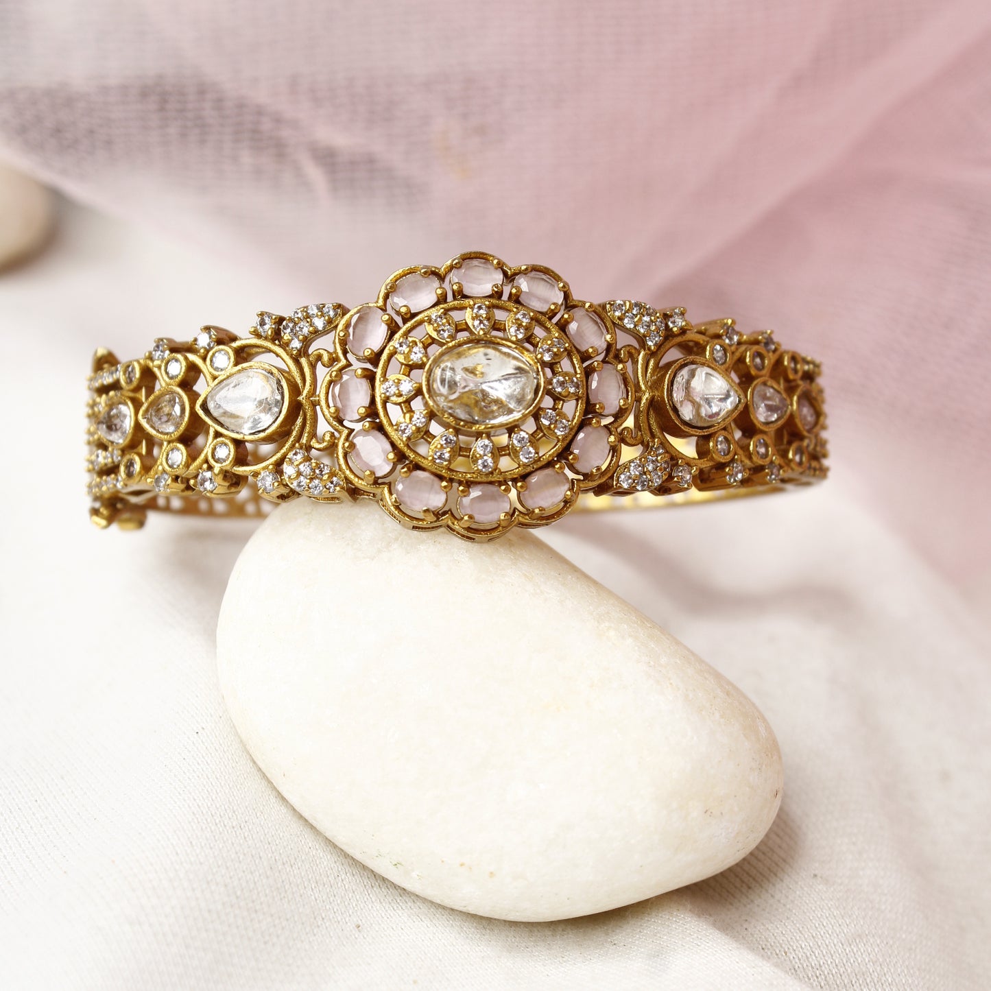 Elegant Antique Polki Kada with Rose Pink Stones
