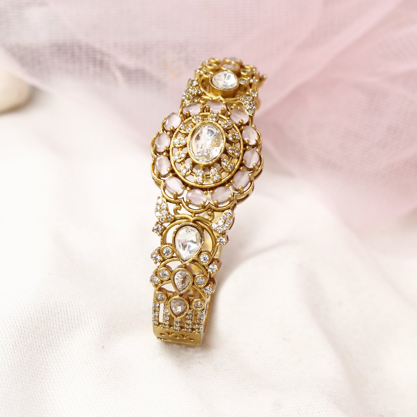 Elegant Antique Polki Kada with Rose Pink Stones