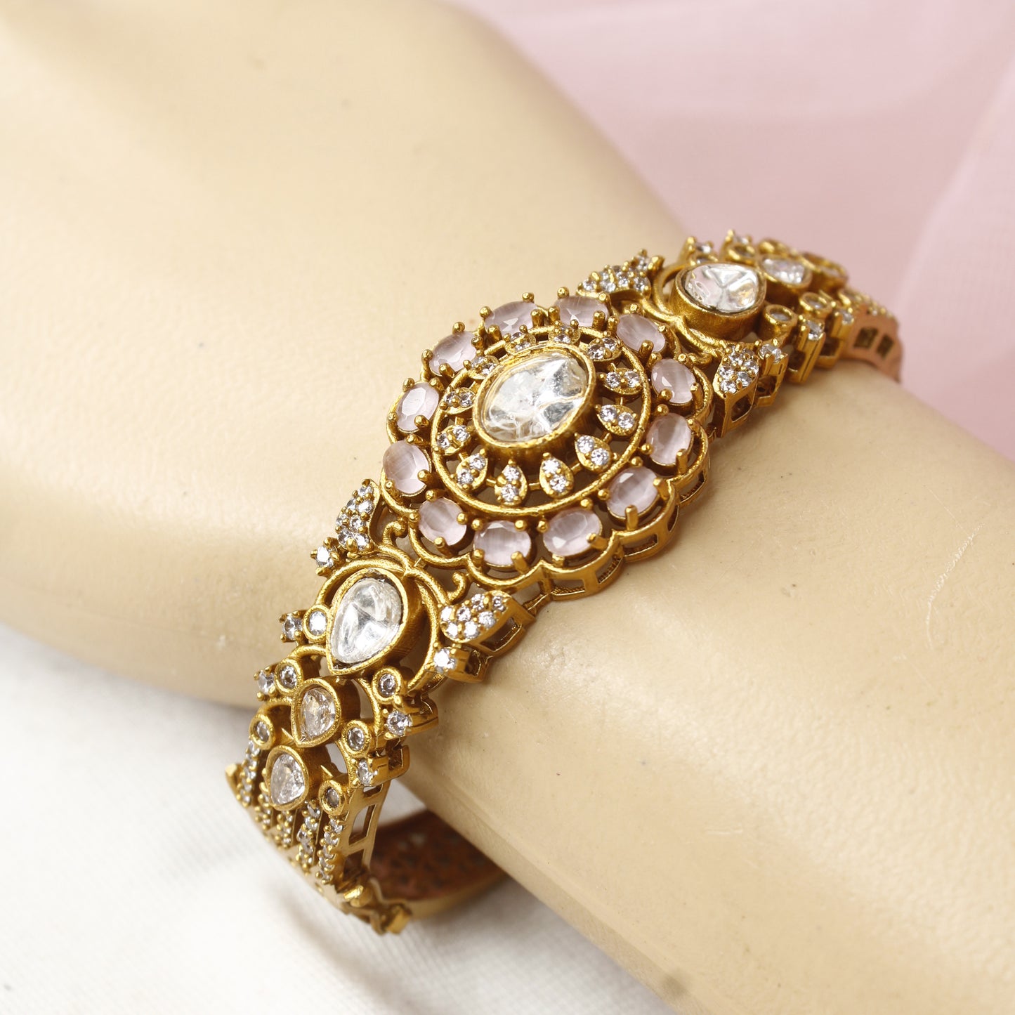 Elegant Antique Polki Kada with Rose Pink Stones