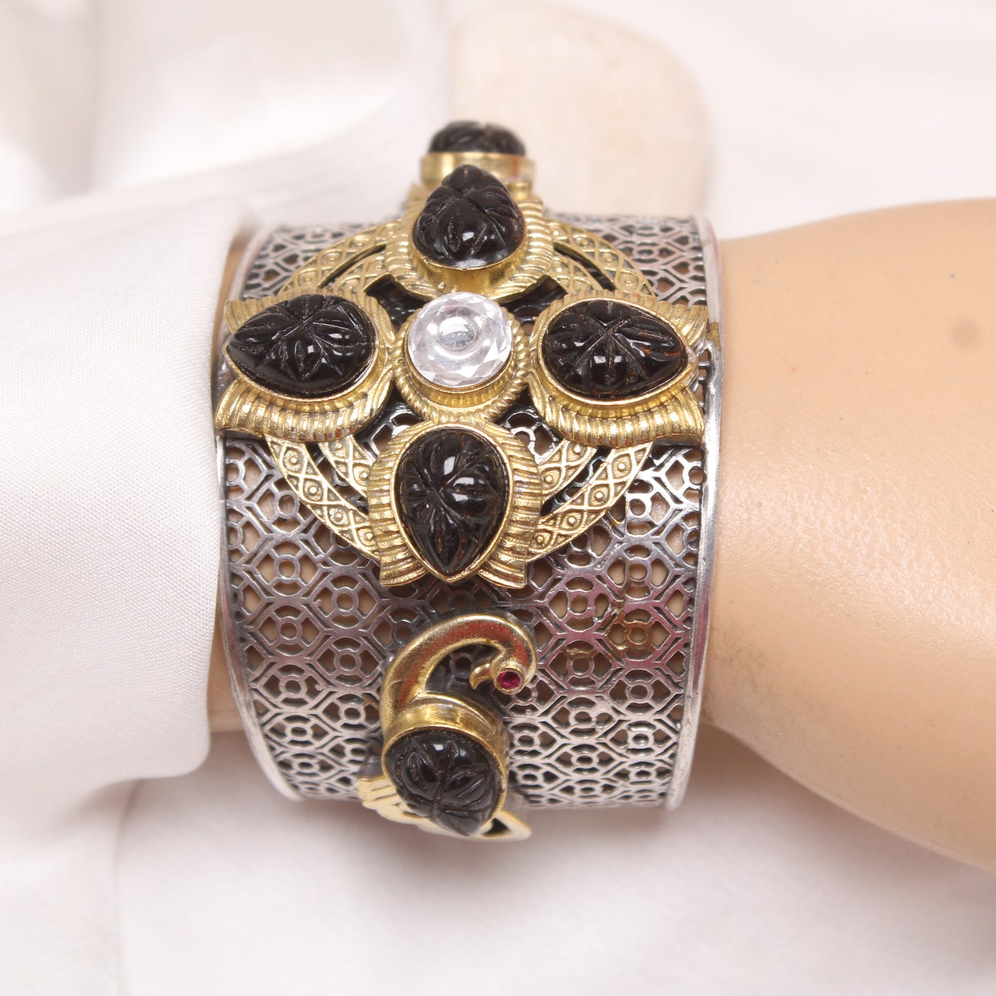 Navraee Dual Tone Antique Filigree Statement Kada with Carved Black Stones