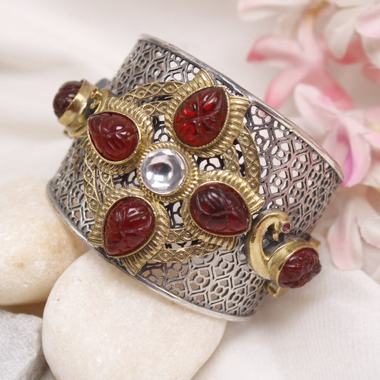 Antique Dual Tone Statement Kada with Peacock Motif and Carved Red Stones