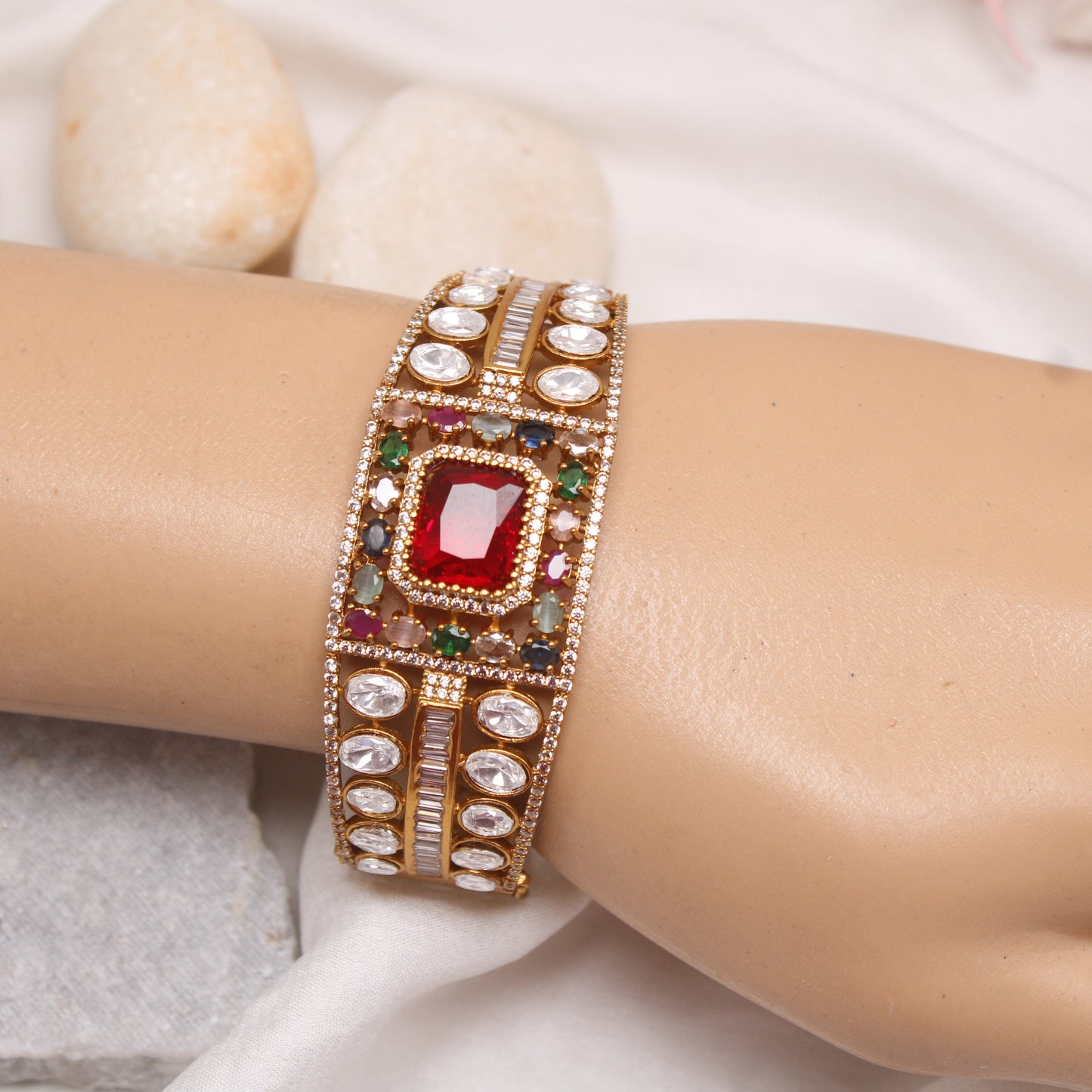 Navraee Royal Rajwadi Micro Gold Plated Multi-Stone Single Kada with Red Centerpiece