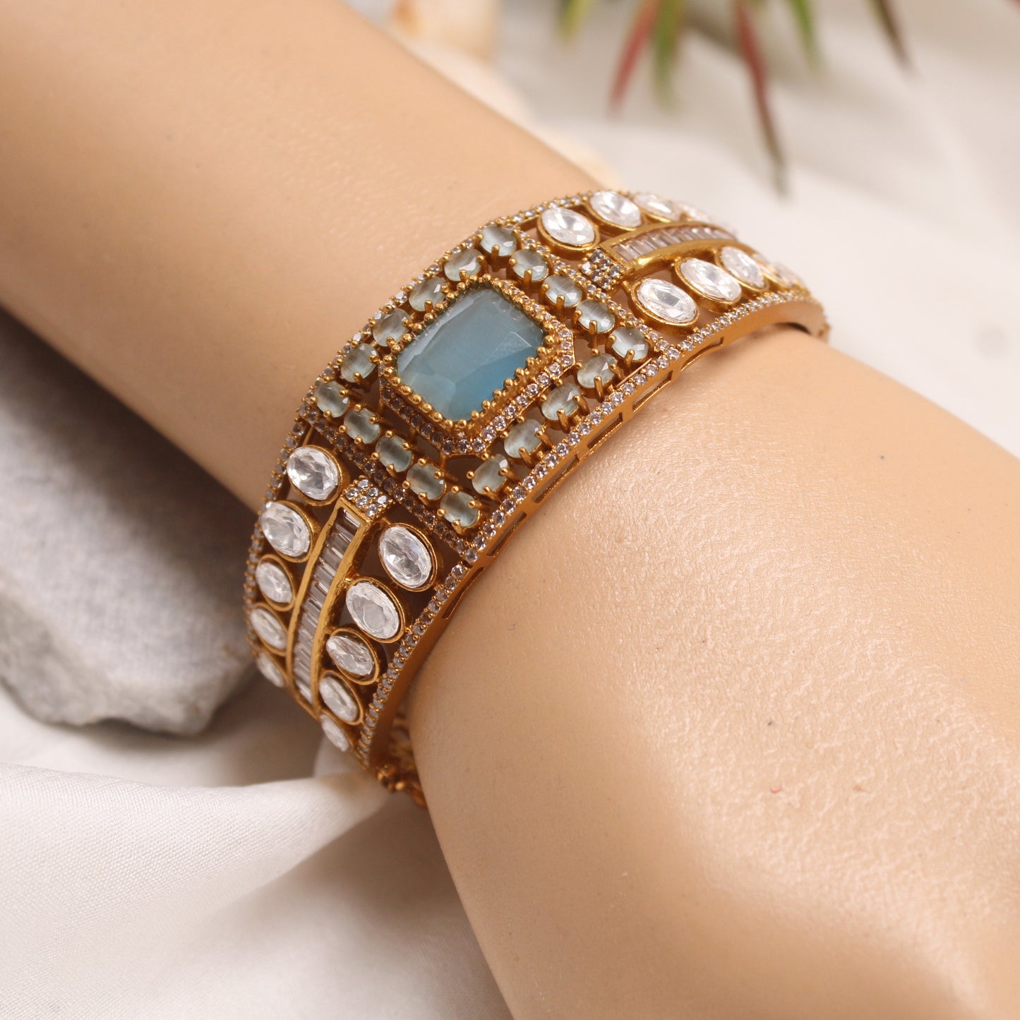 Premium Micro Gold Plated AD & Light Blue Stone Statement Kada
