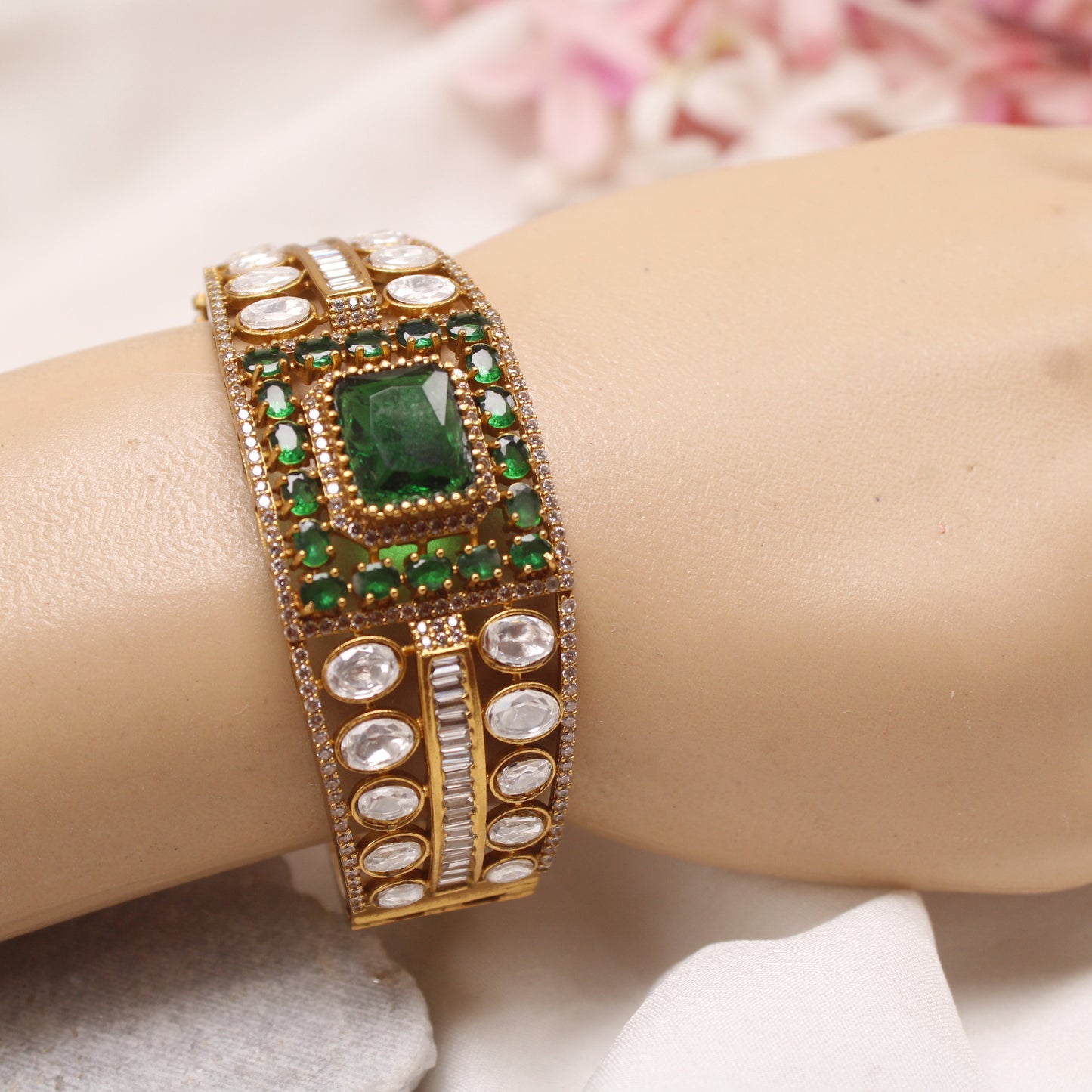 Navraee Micro Gold Plated Emerald Green & AD Statement Kada