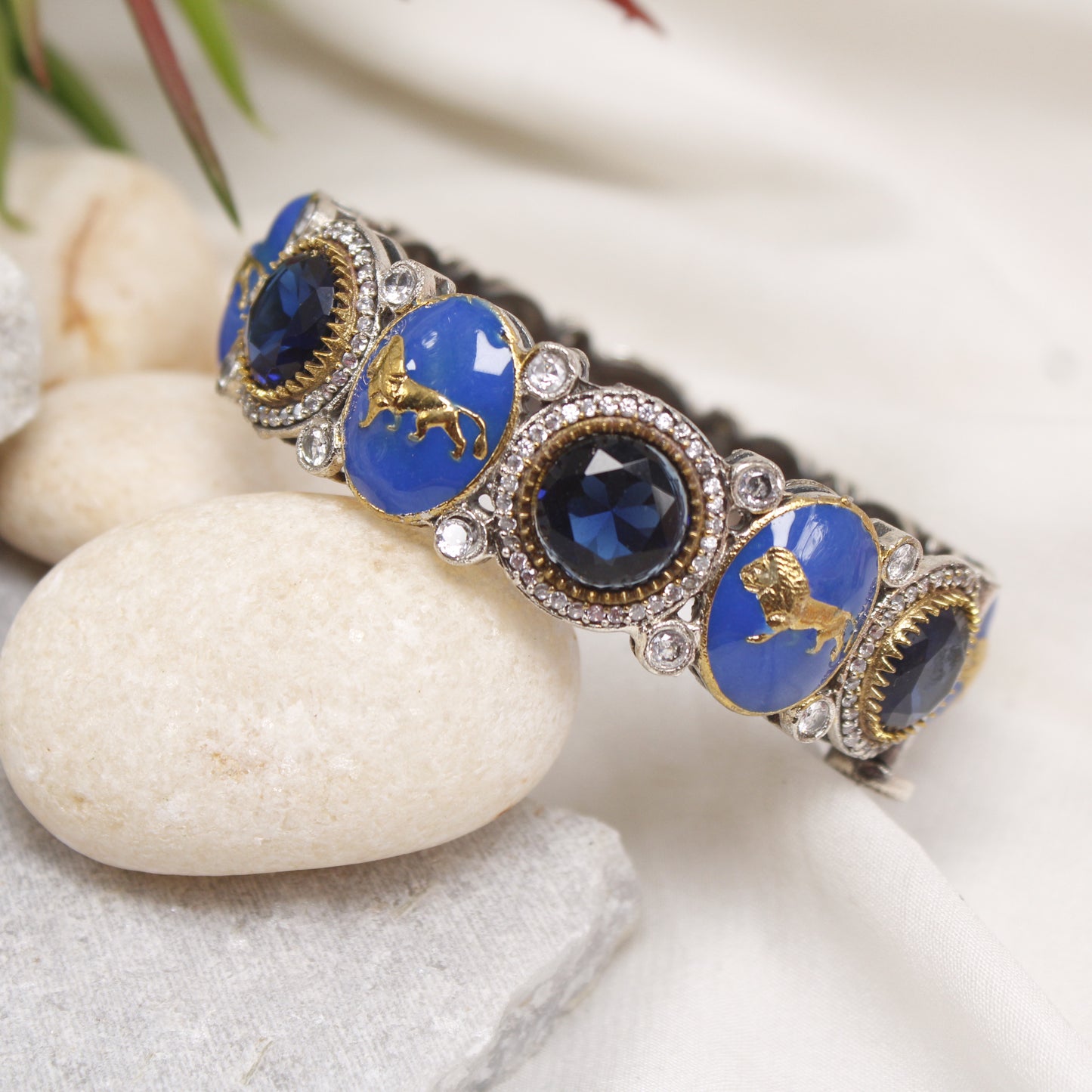 Statement Royal Blue & Silver AD Stone Lion Motif Kada