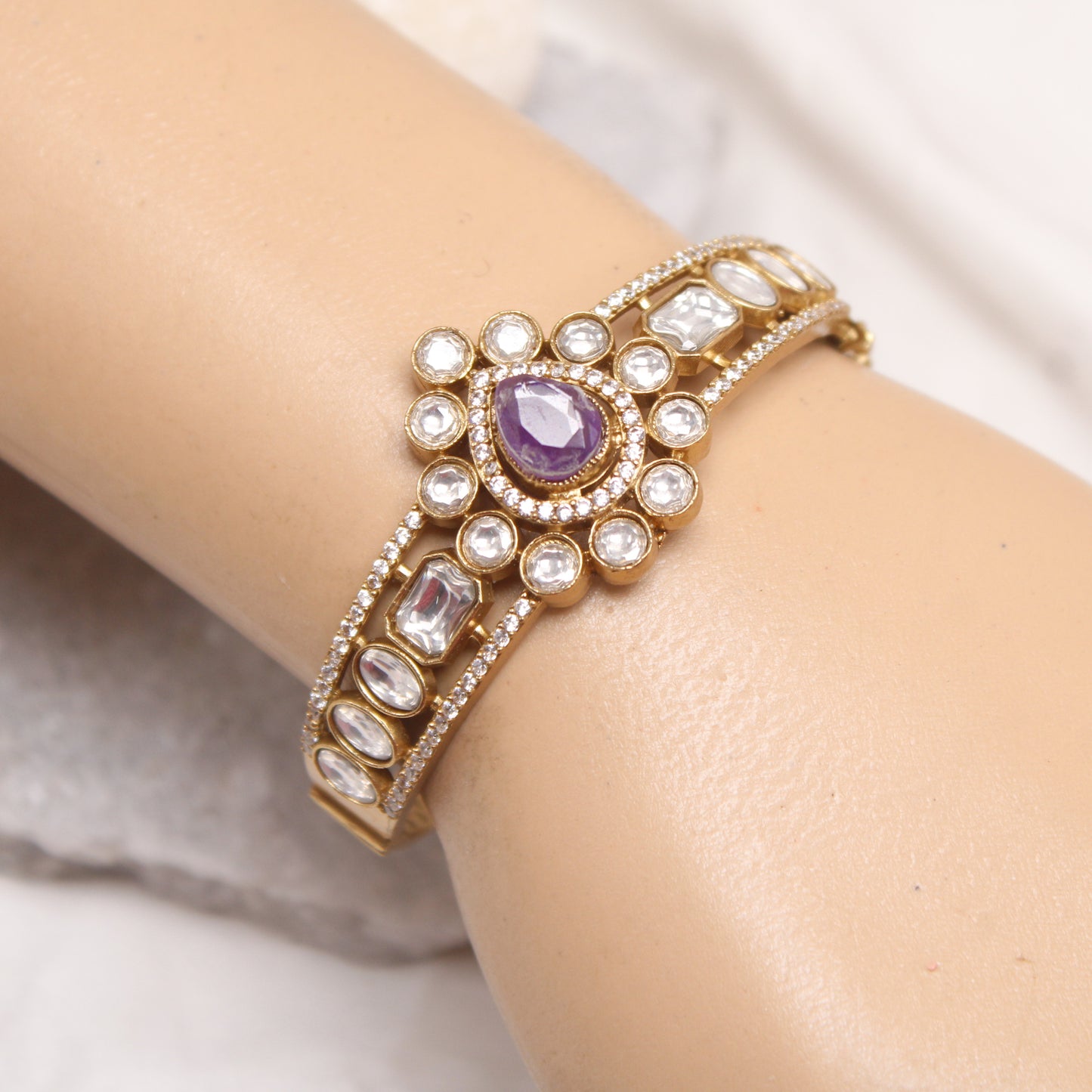 Navraee Royal Polki Amethyst Center Stone Micro Gold Plated Kada
