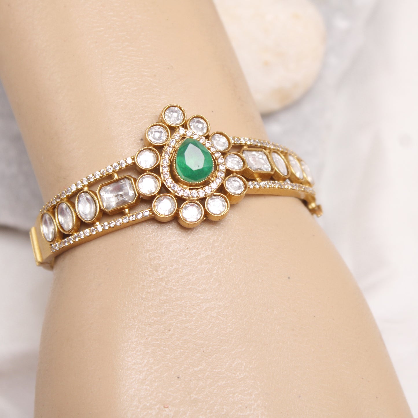Navraee Micro Gold Plated Polki & Emerald Stone Single Kada
