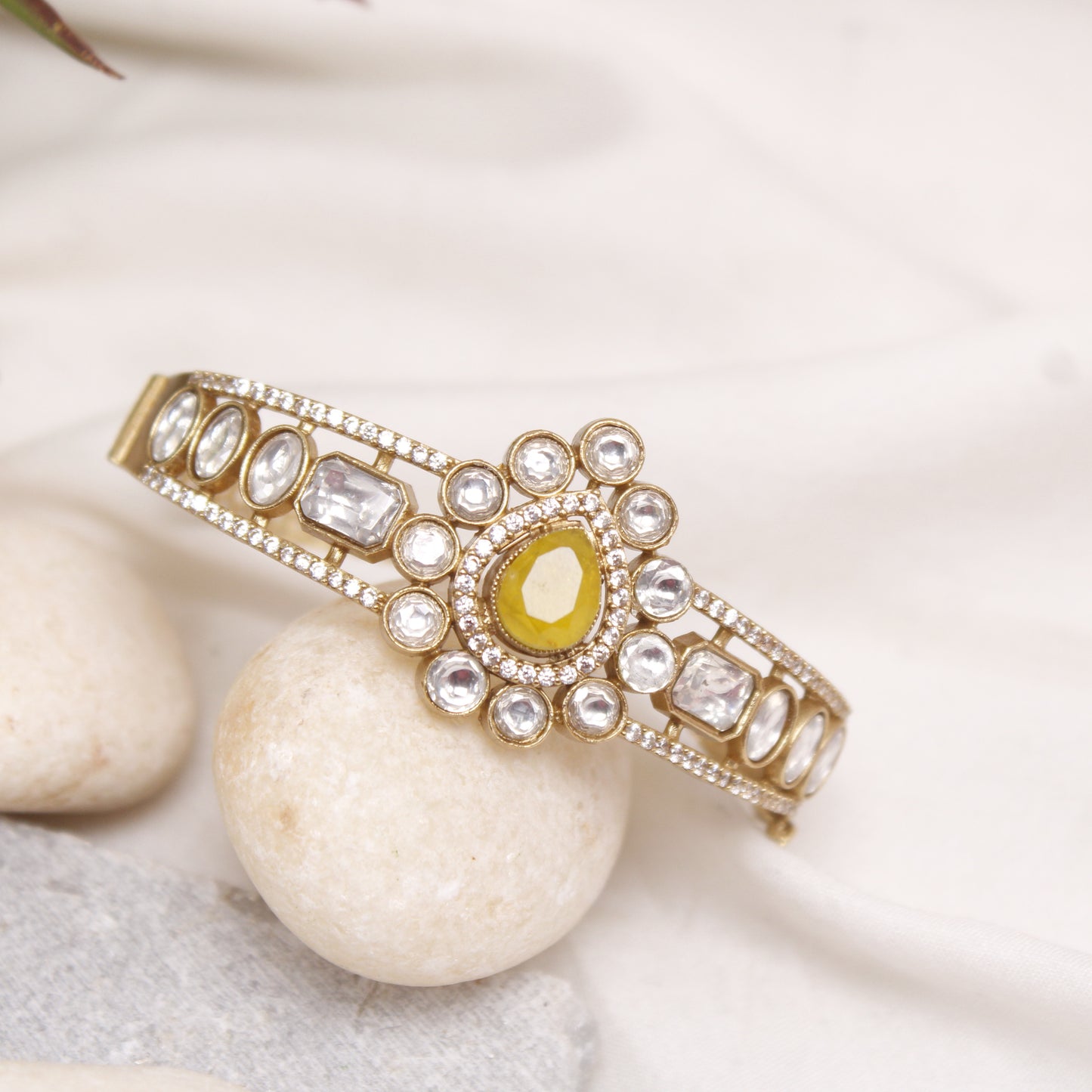 Navraee Elegant Polki & Yellow Stone Micro Gold Plated Single Kada