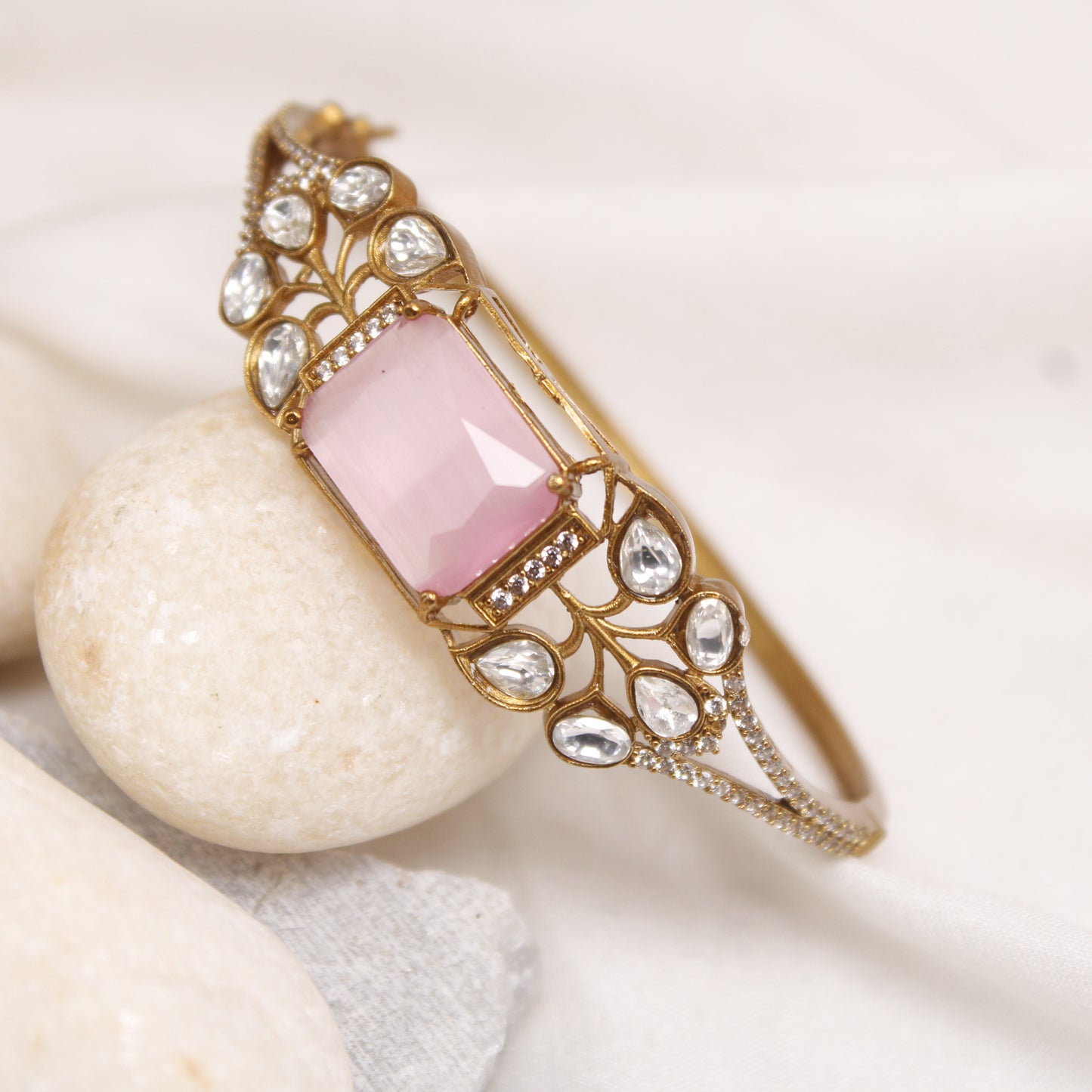 Navraee Elegant Pink Stone & Polki Micro Gold Plated Single Kada