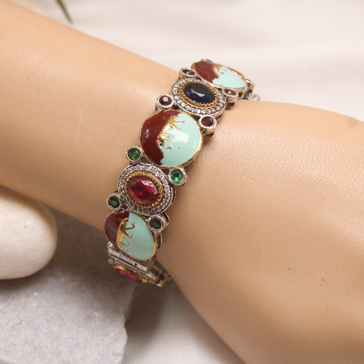 Antique Meenakari Elephant Motif Bracelet Kada with Multi-color Stones
