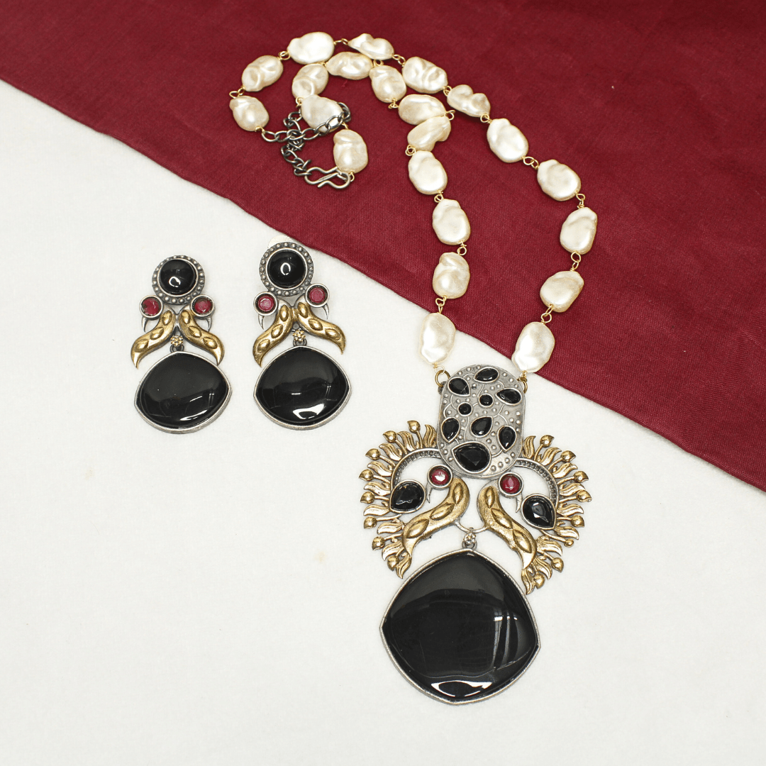 ANTIQUE BLACK STONE PEARL NECKLACE SET - ETHNIC JEWELRY