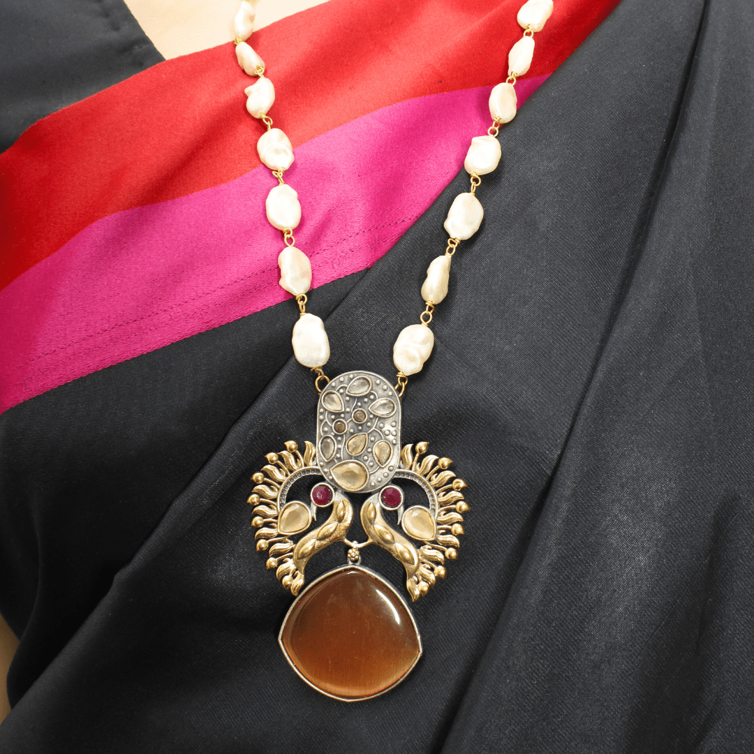 ANTIQUE CARAMEL STONE PEARL NECKLACE SET - ETHNIC JEWELRY