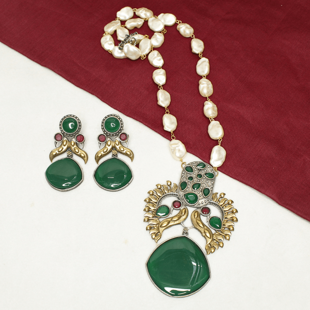 ANTIQUE EMERALD GREEN STONE PEARL NECKLACE SET - ETHNIC JEWELRY