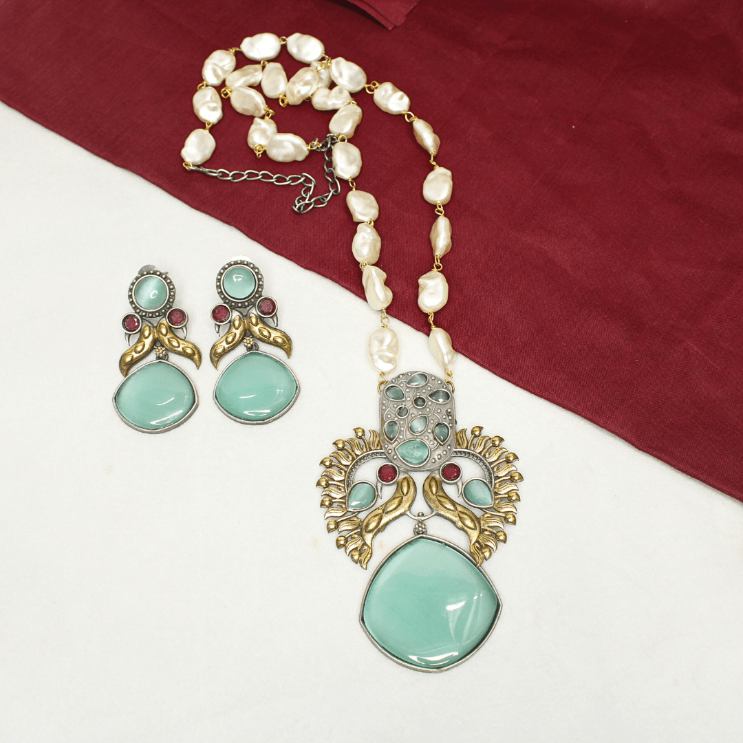 ANTIQUE MINT GREEN STONE PEARL NECKLACE SET - ETHNIC JEWELRY