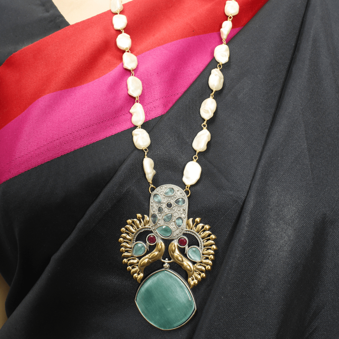 ANTIQUE MINT GREEN STONE PEARL NECKLACE SET - ETHNIC JEWELRY