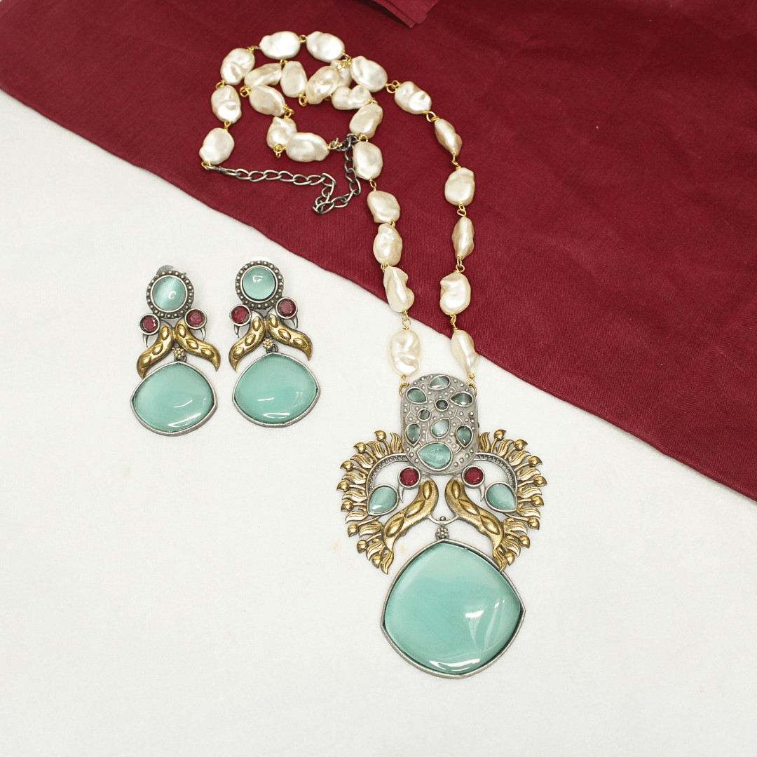 ANTIQUE MINT GREEN STONE PEARL NECKLACE SET - ETHNIC JEWELRY