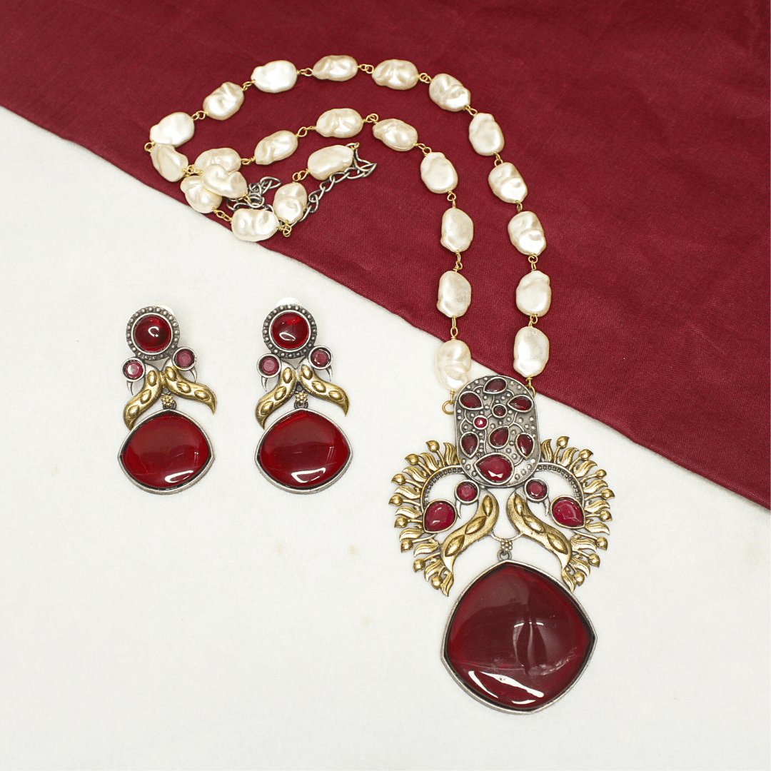 ANTIQUE RED STONE PEARL PENDANT SET - ETHNIC JEWELRY