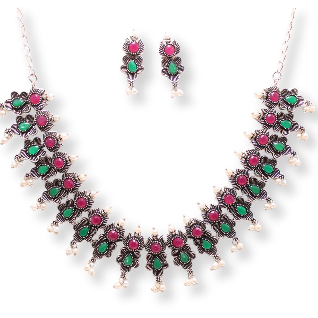 ANUSHA NECKLACE SET-MAROON & GREEN