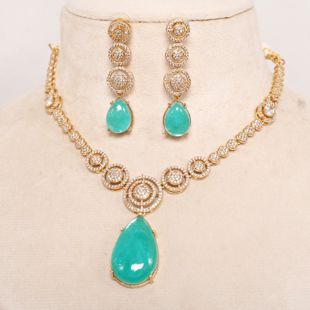Aqua Green Stone & AD Necklace Set Online | Gold Plated Party Wear Jewelry