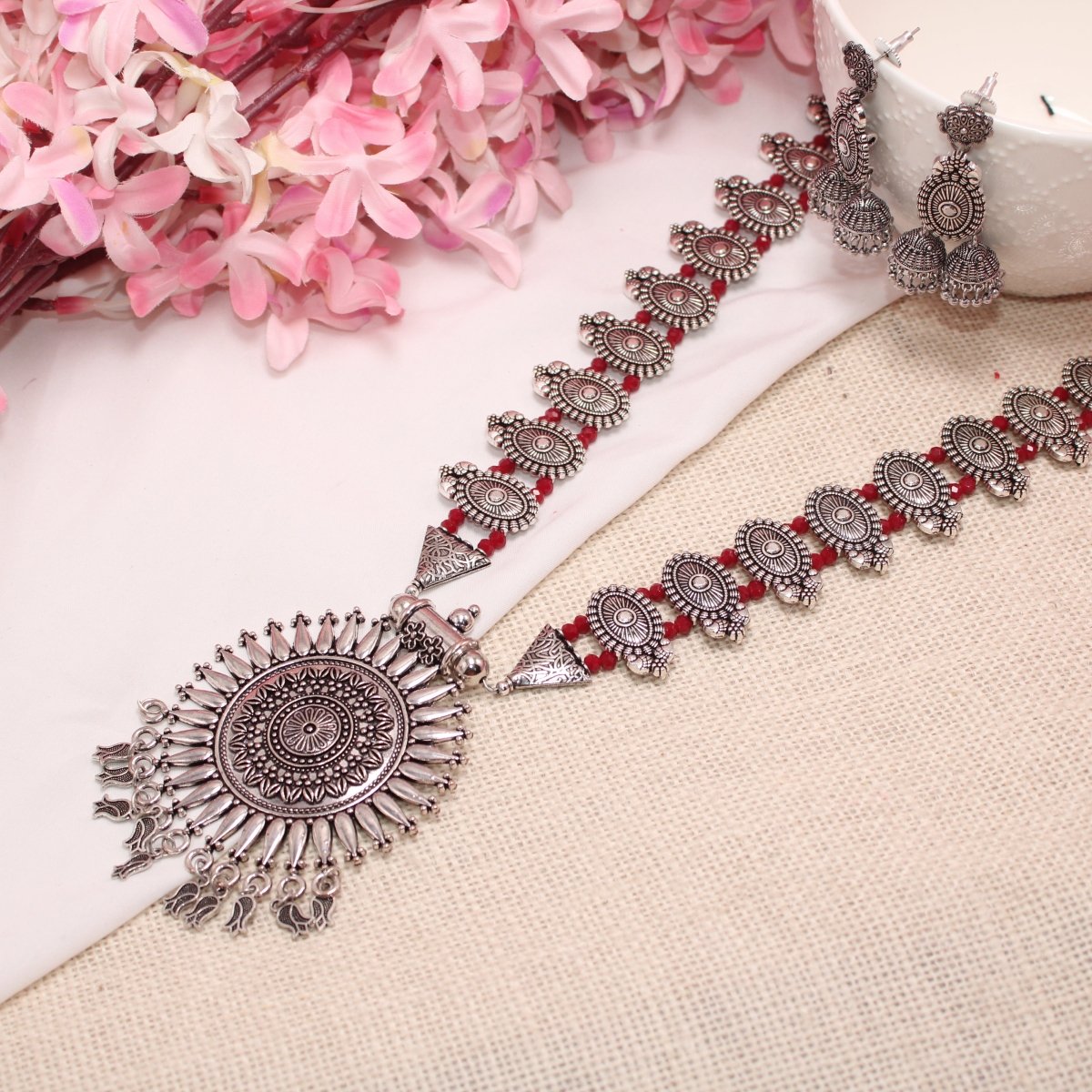 BANJARA PENDANT SET - DOUBLE JHUMKI PATTERN - CHAKRA - RED