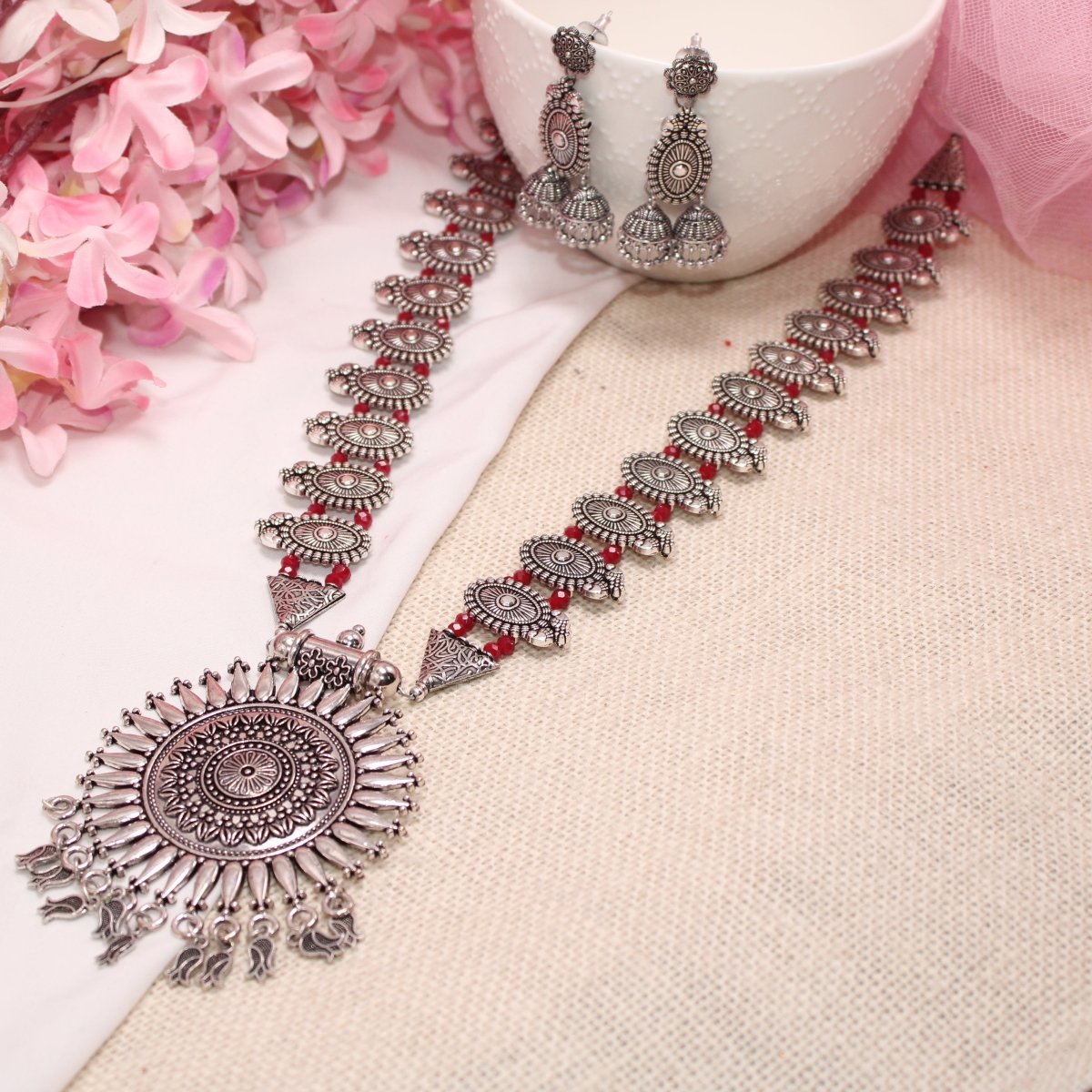 BANJARA PENDANT SET - DOUBLE JHUMKI PATTERN - CHAKRA - RED