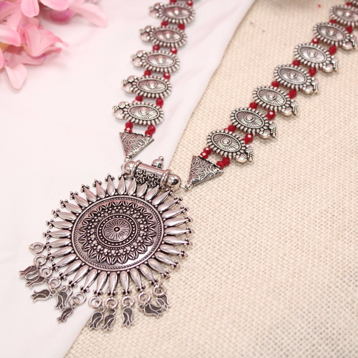 BANJARA PENDANT SET - DOUBLE JHUMKI PATTERN - CHAKRA - RED