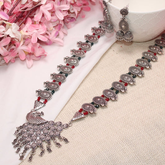 BANJARA PENDANT SET-DOUBLE JHUMKI PATTERN-PEACOCK-RED & WHITE