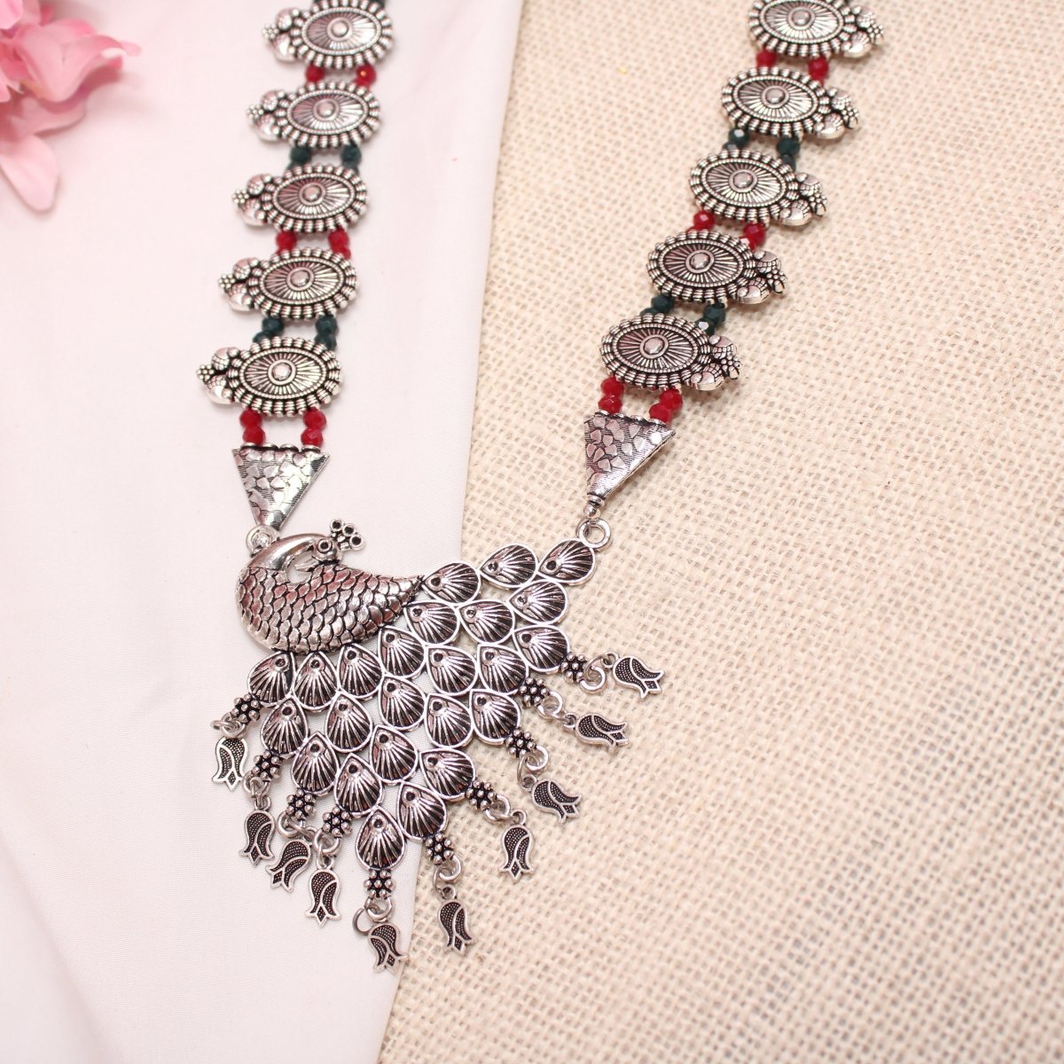 BANJARA PENDANT SET - DOUBLE JHUMKI PATTERN - PEACOCK - RED & WHITE