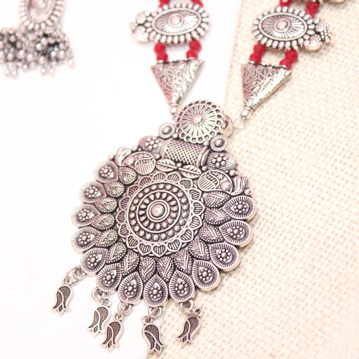 BANJARA PENDANT SET - DOUBLE JHUMKI PATTERN - RED