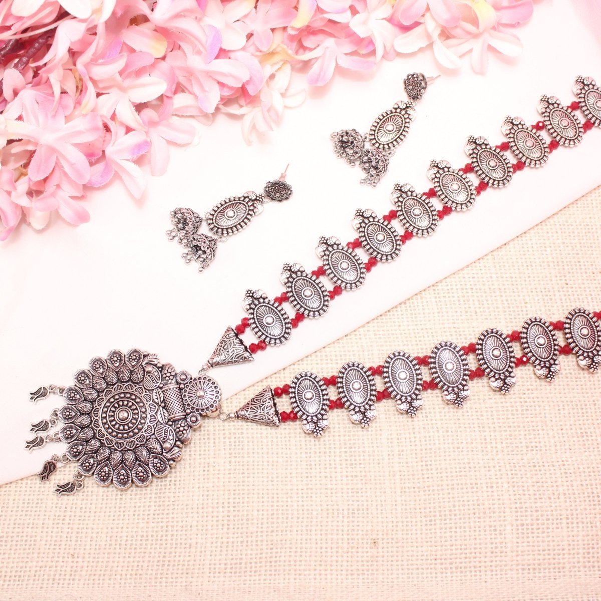 BANJARA PENDANT SET - DOUBLE JHUMKI PATTERN - RED