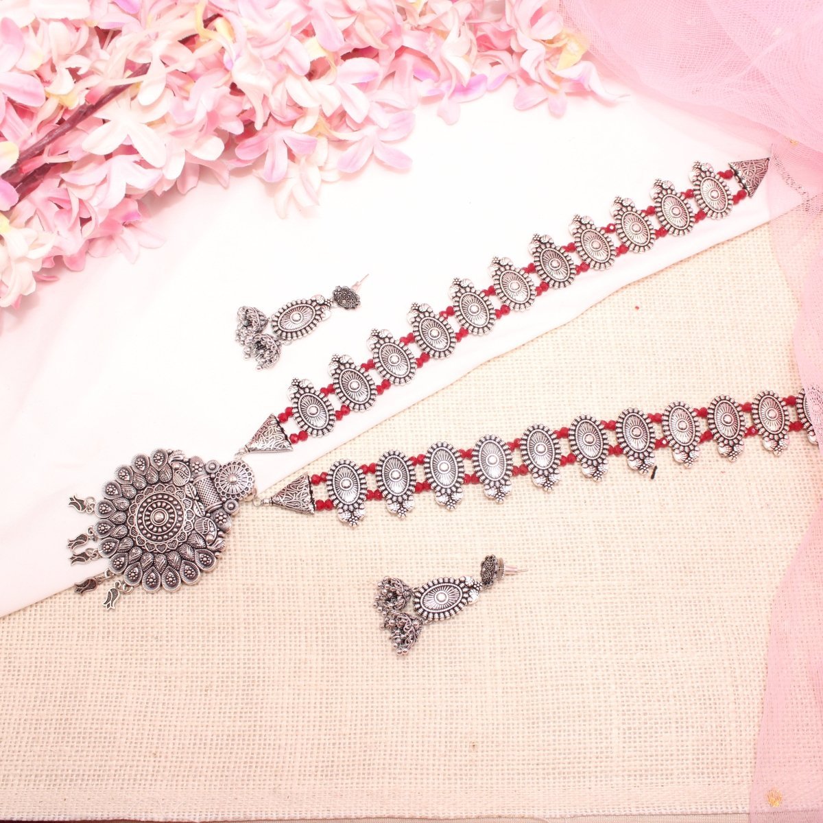 BANJARA PENDANT SET - DOUBLE JHUMKI PATTERN - RED