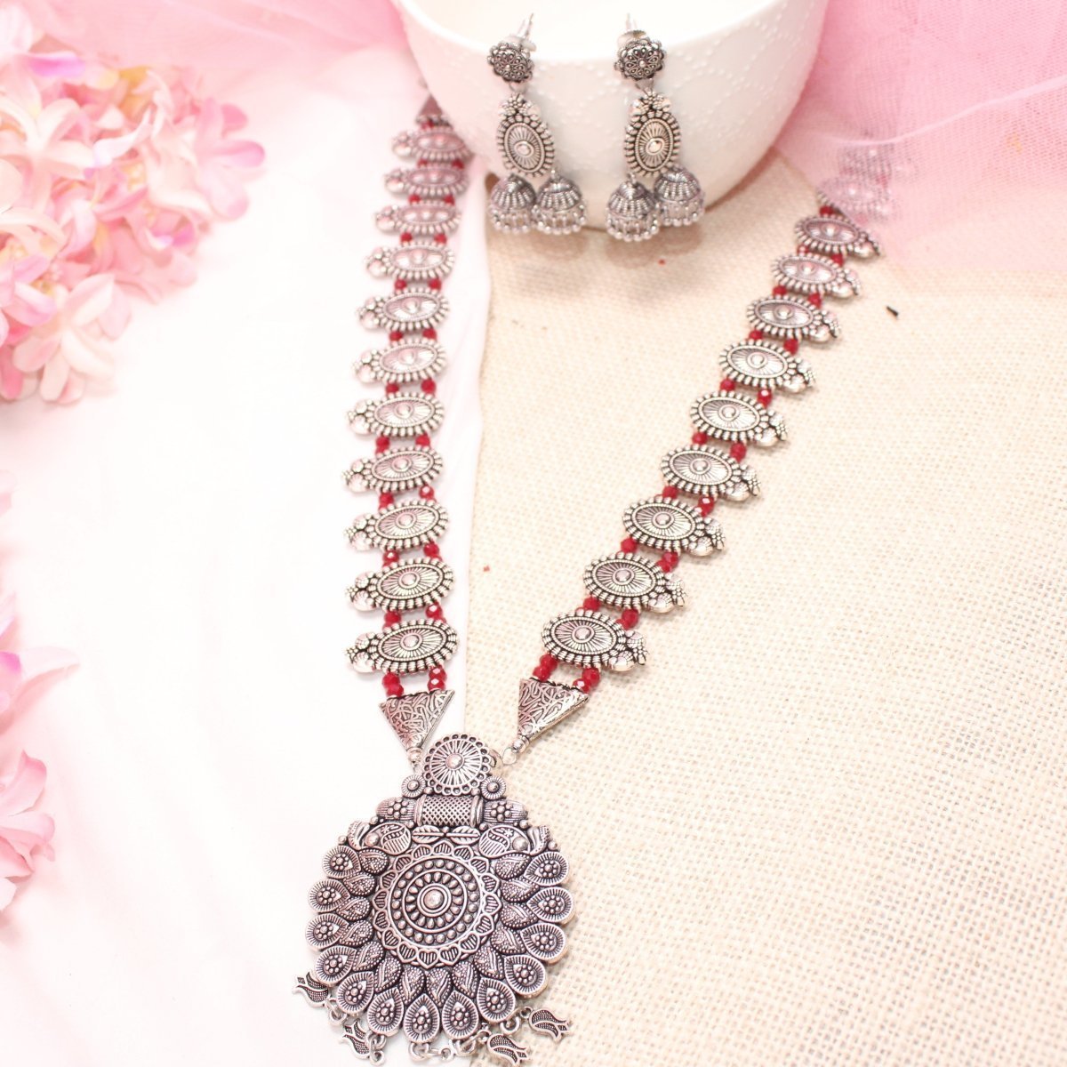 BANJARA PENDANT SET-DOUBLE JHUMKI PATTERN-RED