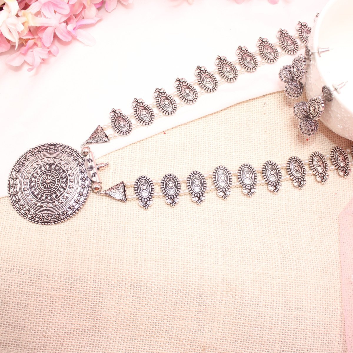 BANJARA PENDANT SET - DOUBLE JHUMKI PATTERN - WHITE