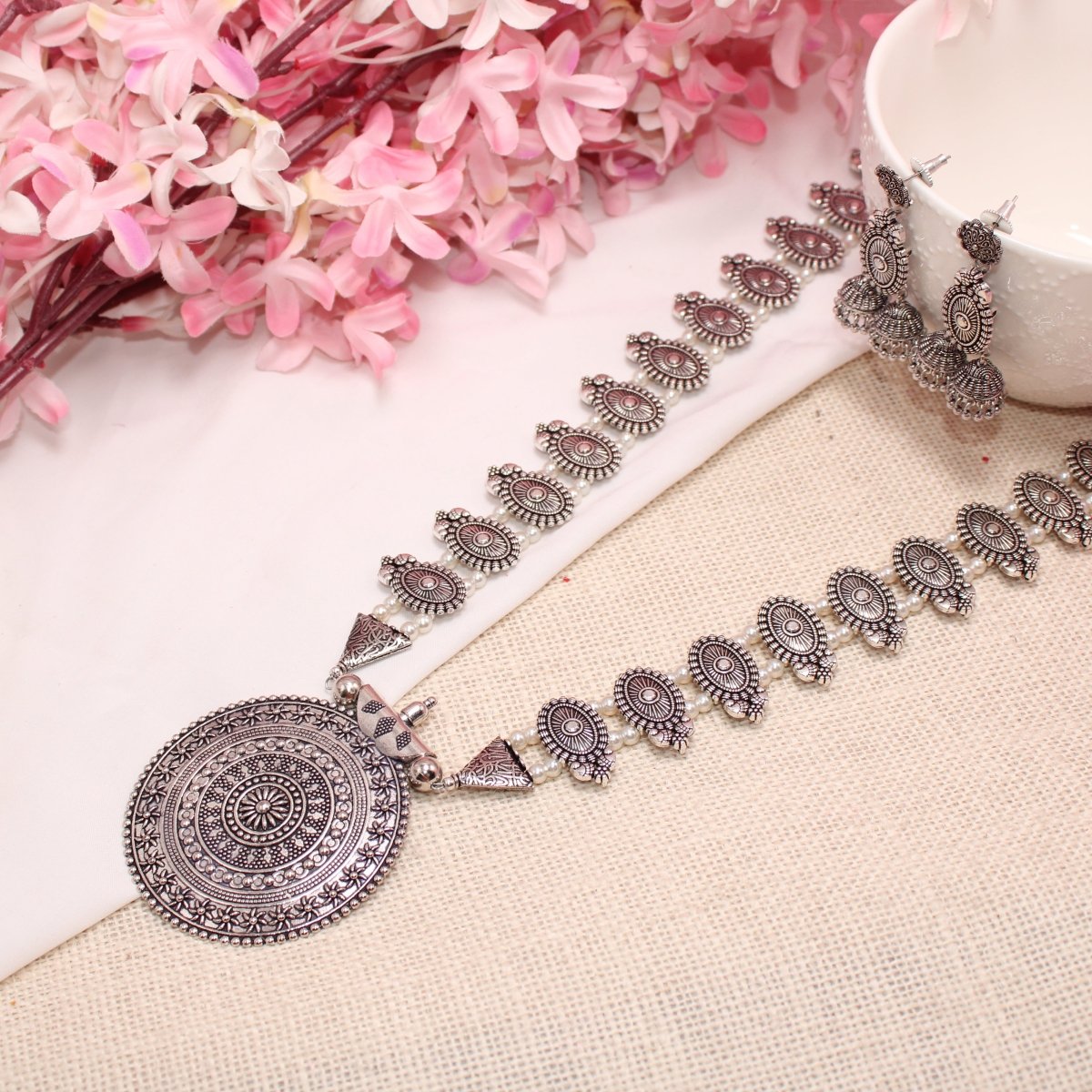 BANJARA PENDANT SET - DOUBLE JHUMKI PATTERN - WHITE
