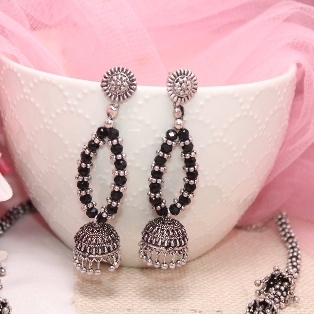 BANJARA PENDANT SET-JHUMKI PATTERN-CHAKRA-BLACK