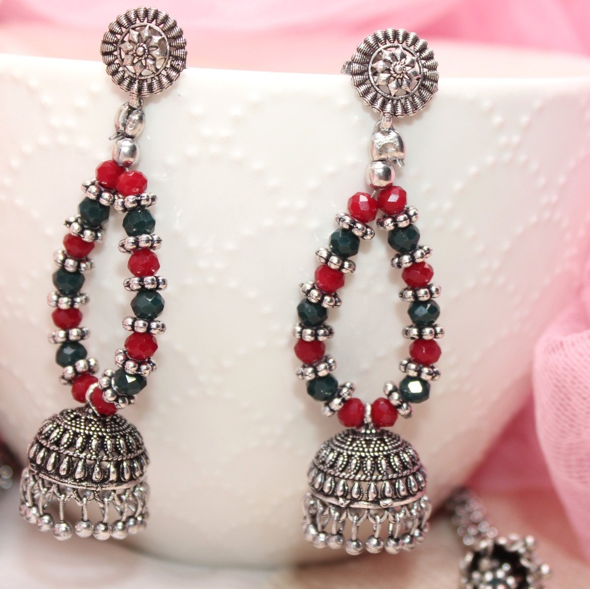 BANJARA PENDANT SET-JHUMKI PATTERN-CHAKRA-MAROON & GREEN