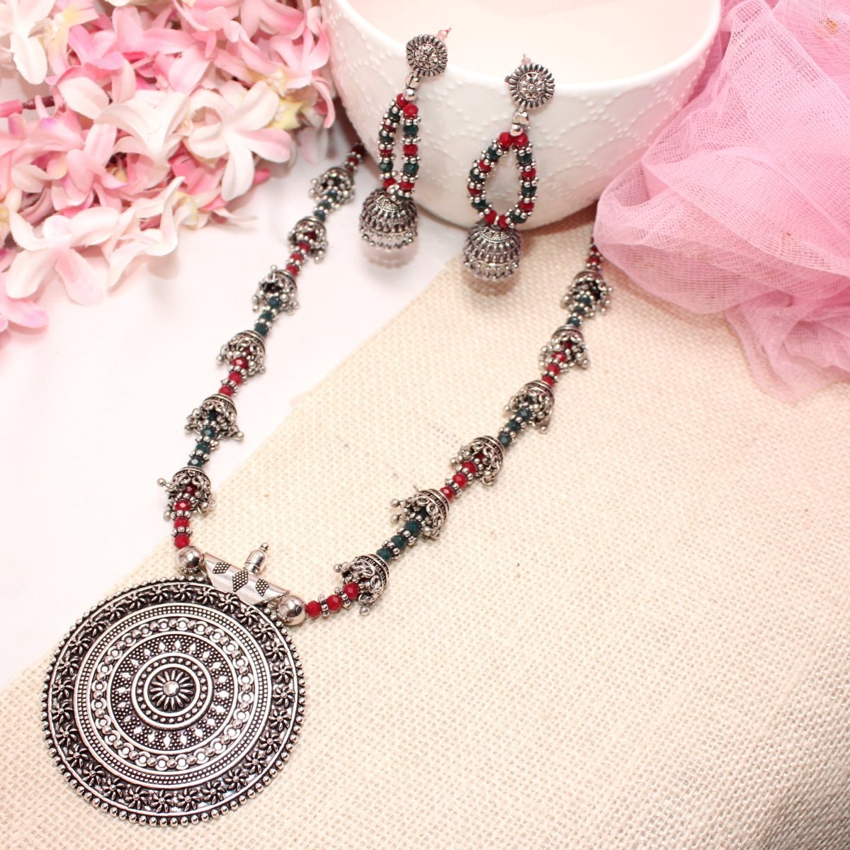 BANJARA PENDANT SET - JHUMKI PATTERN - CHAKRA - MAROON & GREEN