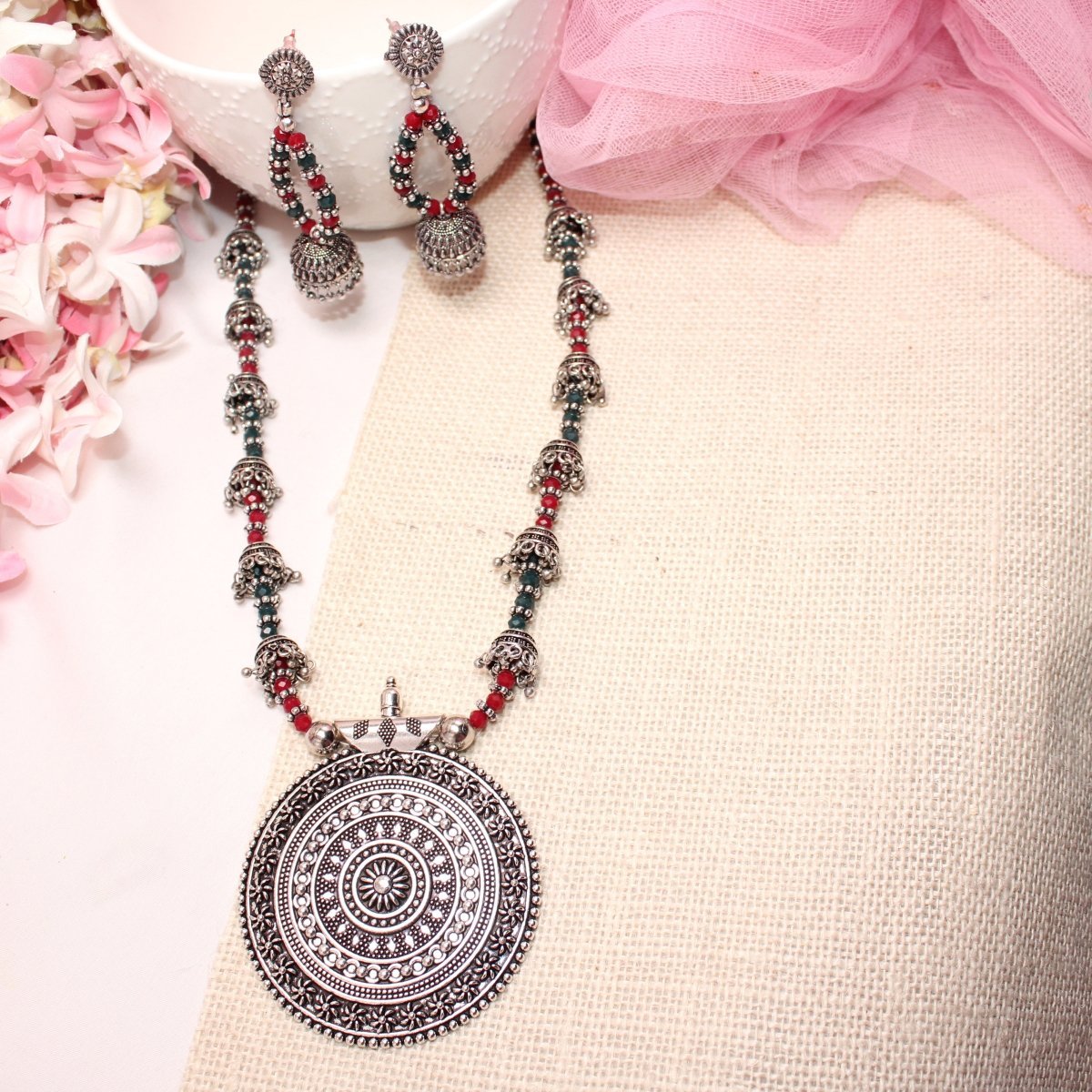 BANJARA PENDANT SET - JHUMKI PATTERN - CHAKRA - MAROON & GREEN