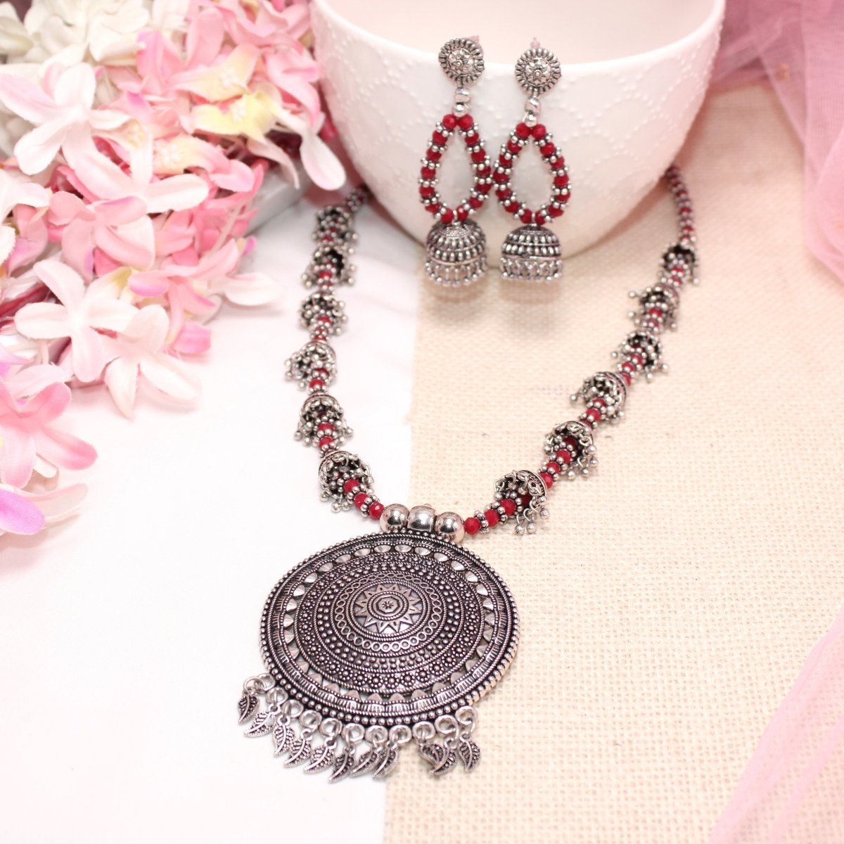 BANJARA PENDANT SET - JHUMKI PATTERN - CHAKRA PATTERN - RED
