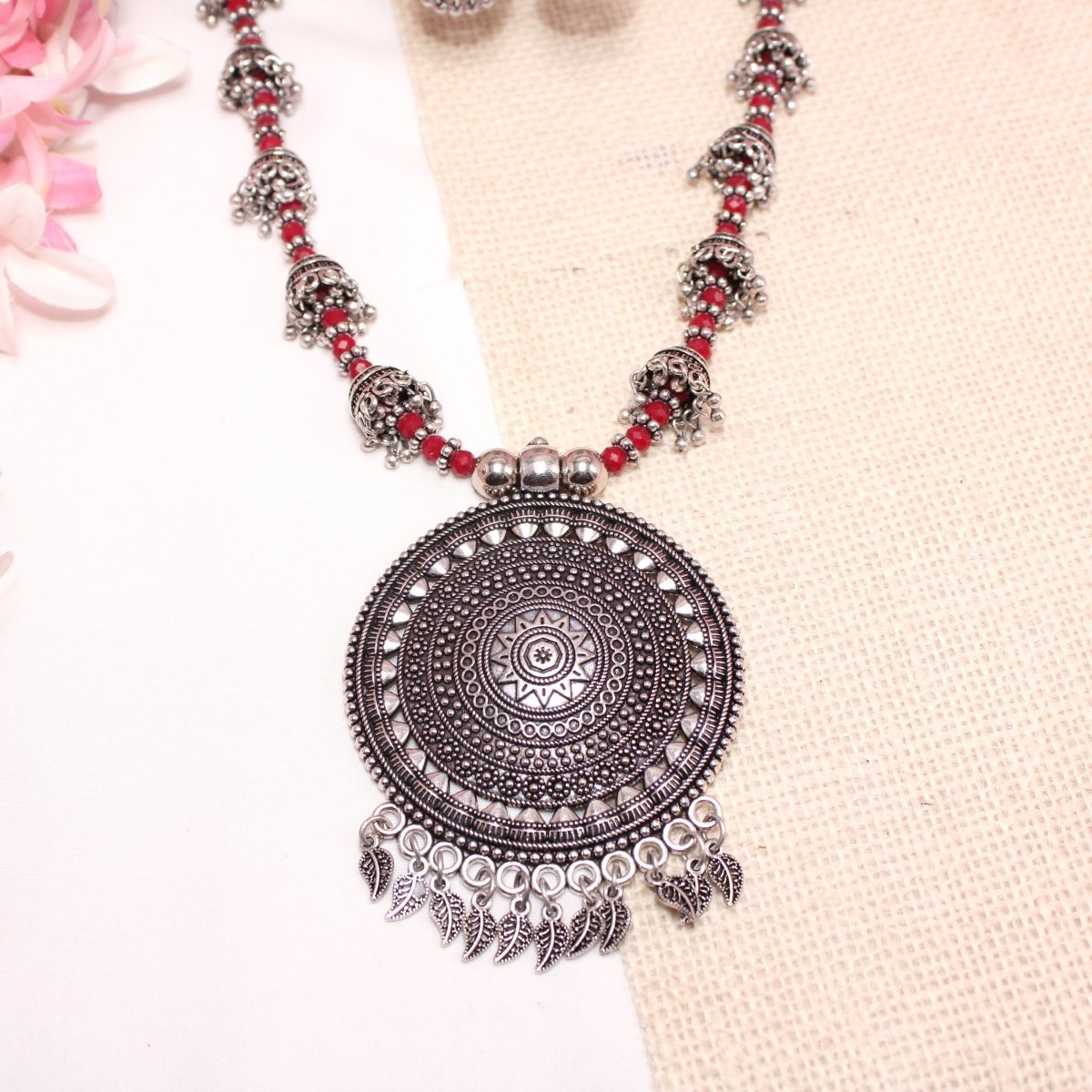 BANJARA PENDANT SET - JHUMKI PATTERN - CHAKRA PATTERN - RED