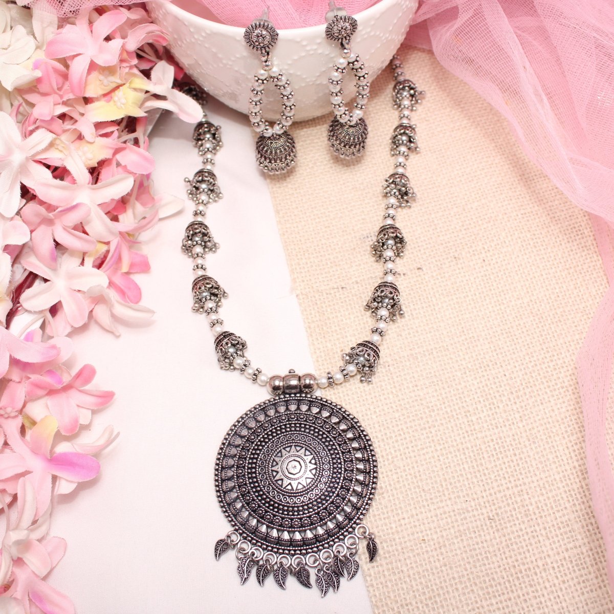 BANJARA PENDANT SET - JHUMKI PATTERN - CHAKRA PATTERN - WHITE
